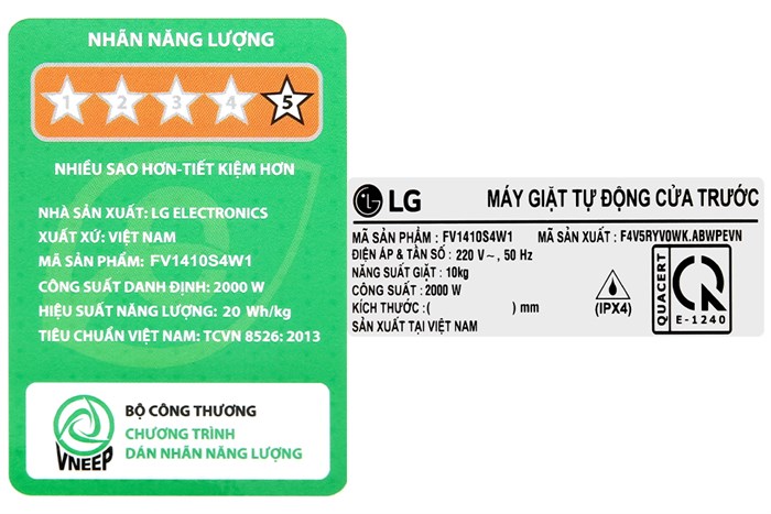 Máy giặt LG Lồng ngang AI DD Inverter 10 kg FV1410S4W1